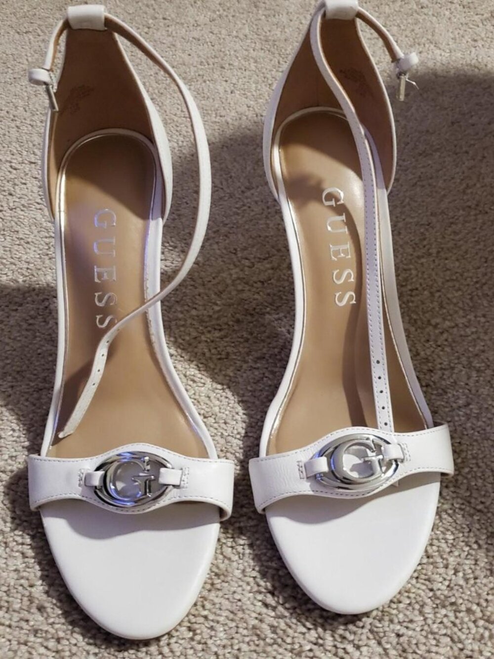 GUESS White Ankle Strap Heels